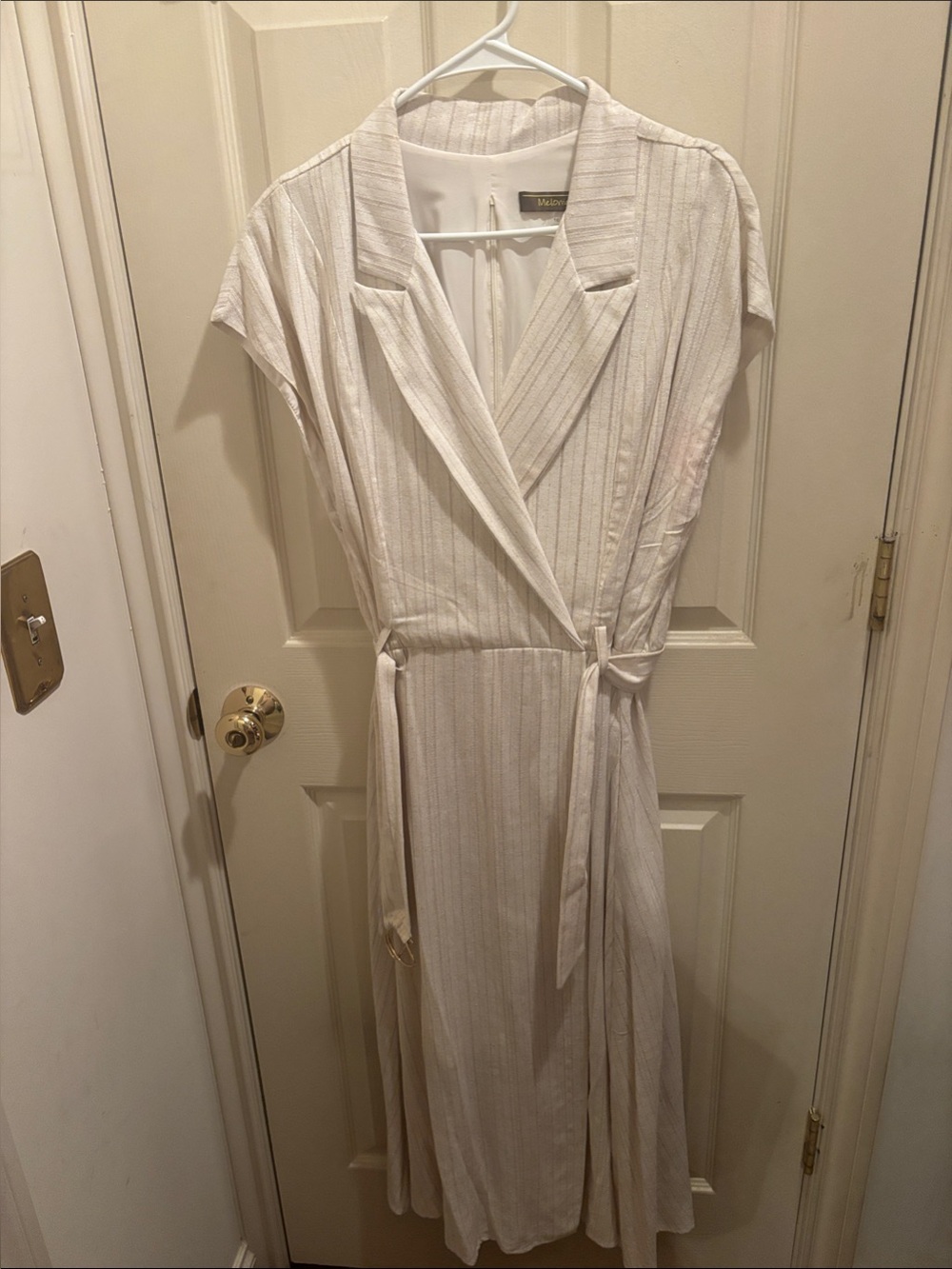White / Gold with belt, Striped Wrap Maxi Dress size 16 cotton
